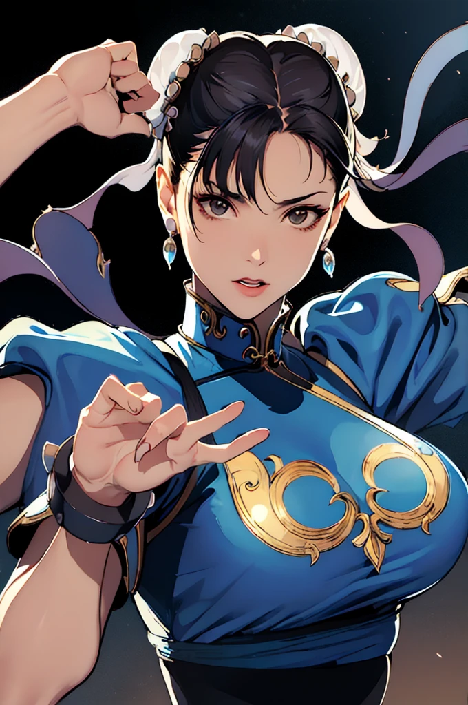 ((masterpiece,best qualtiy)),1girl,solo,ChunLi,upper body,beautiful night street background