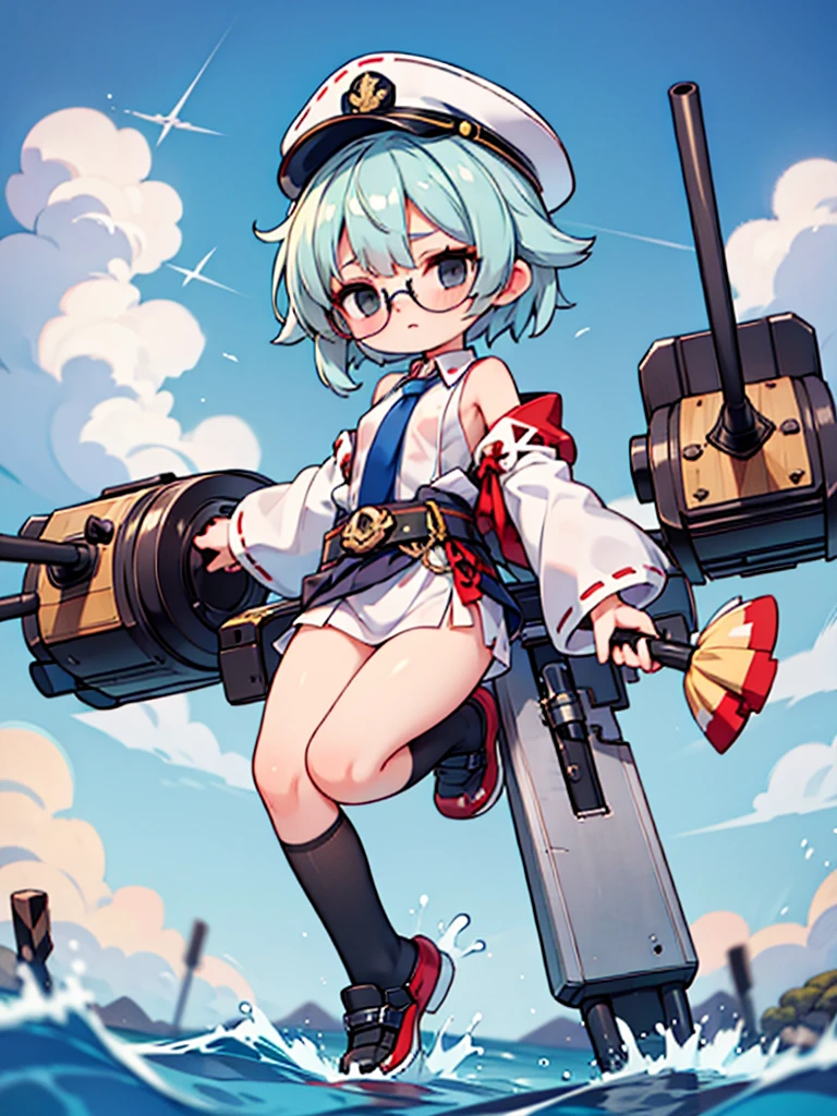 ((((Full body of a woman with perfect flat chest、solo、Short unkempt black hair、Tie your messy hair at the nape of your neck、white military jacket、Miko costume、tights、Black glasses、White military cap、Cloudy black eyes、Confused eyes、Junyo hair accessories)))), (((masterpiece))), (((Shipgirl))), ((Floating on the morning sea with both feet)), (Spread your legs wide open), (Hold the turret with your right hand), (Mechanical arms extending from the waist are used to equip the ship with battleship equipment.), (Equipped with a turret on the back), (Holds a triple turret on the left arm), Shotgun shells are attached to the thigh with a belt, Spreading the Machine&#39;s Wings, Machine tail,  Holding a shotgun, Pussy, Nipples, 