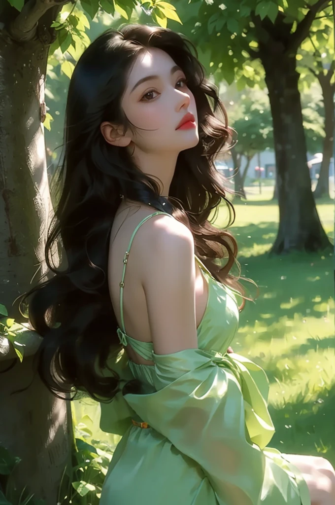 A girl with long black curly hair sits under a big tree，With your back against the trunk，Looking into the distance，In the flowers