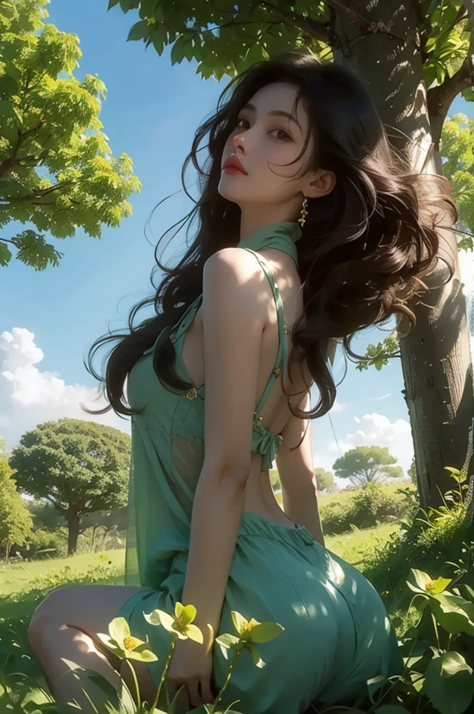 A girl with long black curly hair sits under a big tree,With your back against the trunk,Looking into the distance,In the flowers