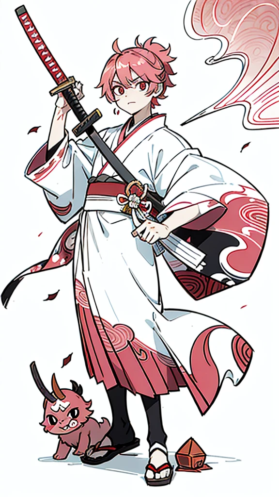 An oni hunter, pink and red hair, he has black eyes, he has a scar on his left eye, he owns a katana and has a white kimono