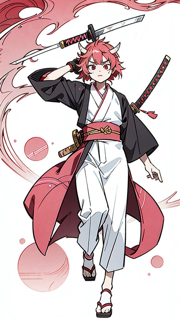 An oni hunter, pink and red hair, he has black eyes, he has a scar on his left eye, he owns a katana and has a white kimono