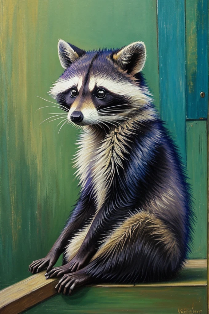 Painting of a sad raccoon sitting thinking like a van gogh painting