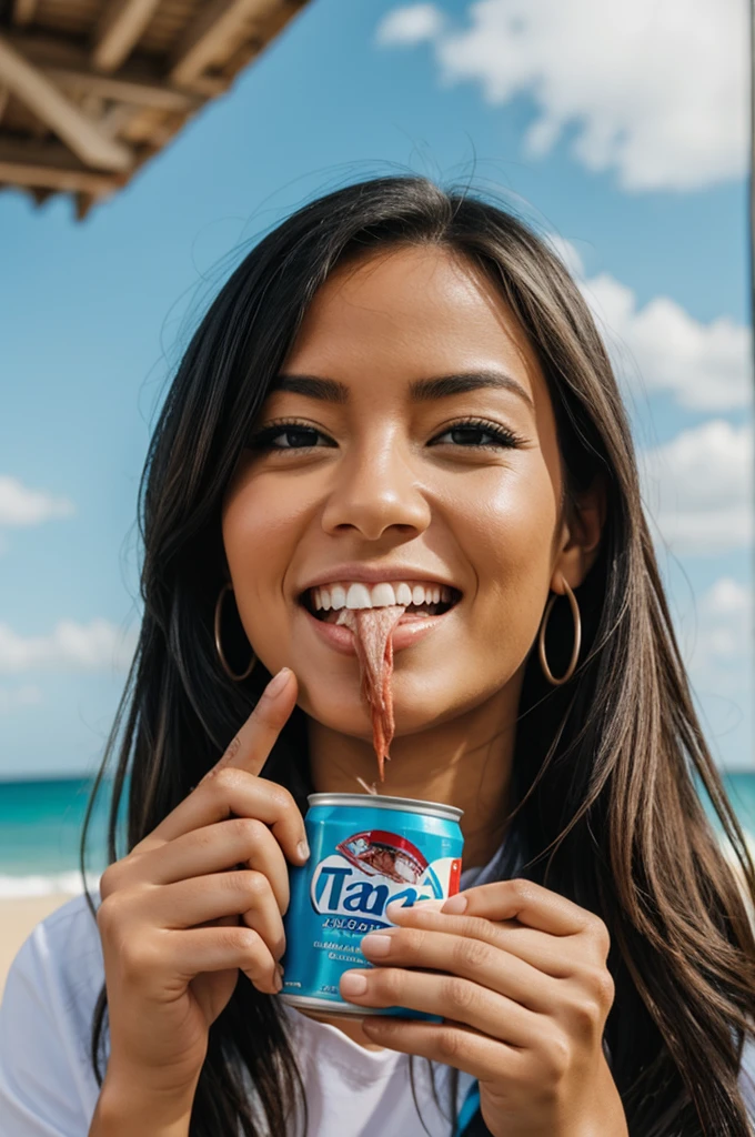 A woman eating a can of tuna
