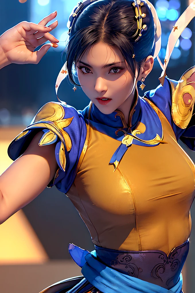 Chun-Li from Street Fighter 3 , identical to the game, always repeat the same face, always repeat the same characteristics, always repeat the same proportions, always repeat the same shapes, totally realistic, totally realistic, extreme quality, high definition, 