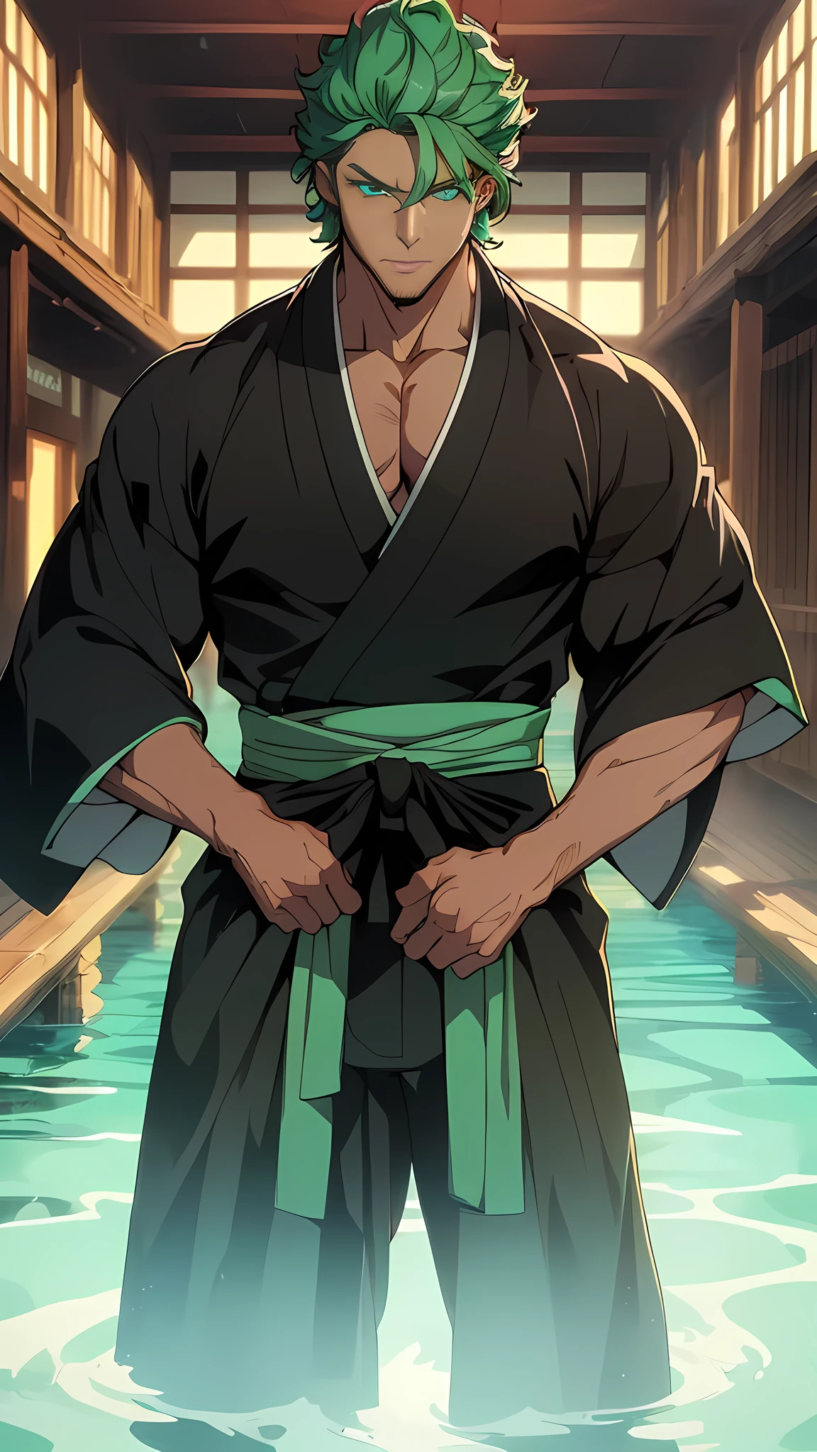 1 man, muscular male, handsome, male, nice cyan hair, green eyes, bleach style, man with (black kimono: 1.0), male focus, masterpiece, 16k, uhd, high definition, full body, image of full body, all body, beautiful eyes, (((perfect eyes))), (((detailed eyes))), uhd