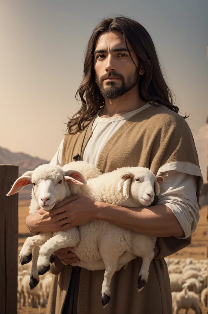 I want an image of Jesus holding a sheep in his arm, and in the other arm he holds in his hands a shepherd&#39;s staff to scare away wolves that surrounded them