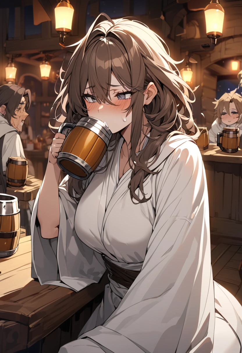 Adult Female, very short brown hair, grey eyes, scar on left cheek, drunk, white on white cleric robes, fantasy tavern, nighttime, mixed patrons, drinking from tankard, not looking, far away, apathetic, highly detailed, high quality, perfect anatomy, tired, messy hair