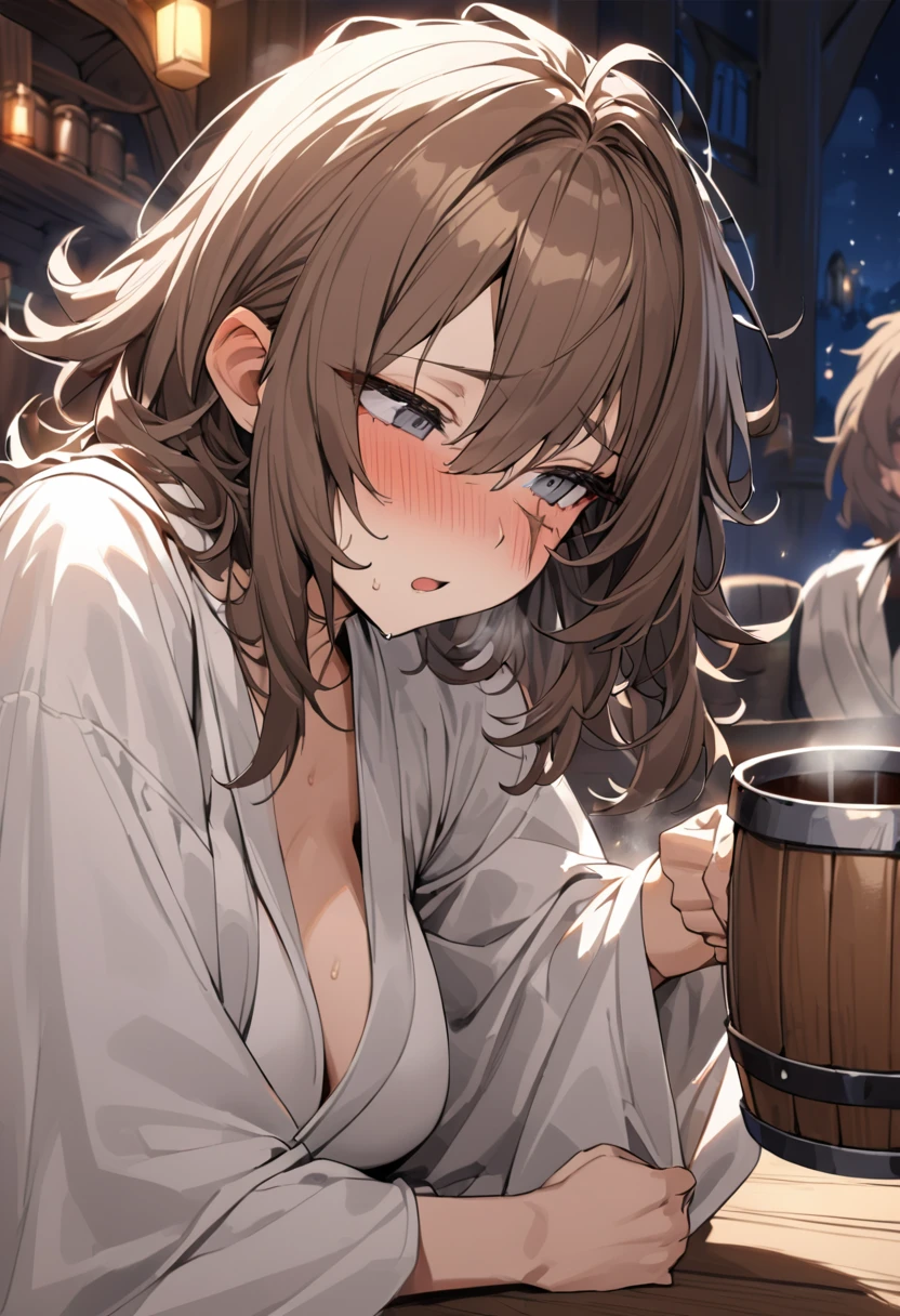 Adult Female, very short brown hair, grey eyes, scar on left cheek, drunk, white cleric robes, fantasy tavern, nighttime, mixed patrons, drinking from tankard, not looking, far away, apathetic, highly detailed, high quality, perfect anatomy, tired, messy hair, perfect eyes, vibrant eyes