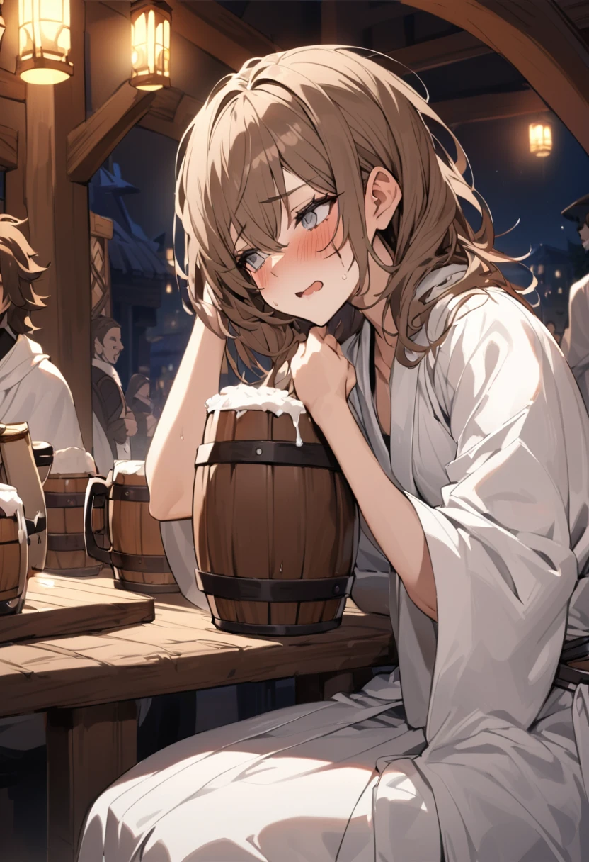 Adult Female, very short brown hair, grey eyes, scar on left cheek, drunk, white cleric robes, fantasy tavern, nighttime, mixed patrons, drinking from tankard, not looking, far away, apathetic, highly detailed, high quality, perfect anatomy, tired, messy hair, perfect eyes, vibrant eyes