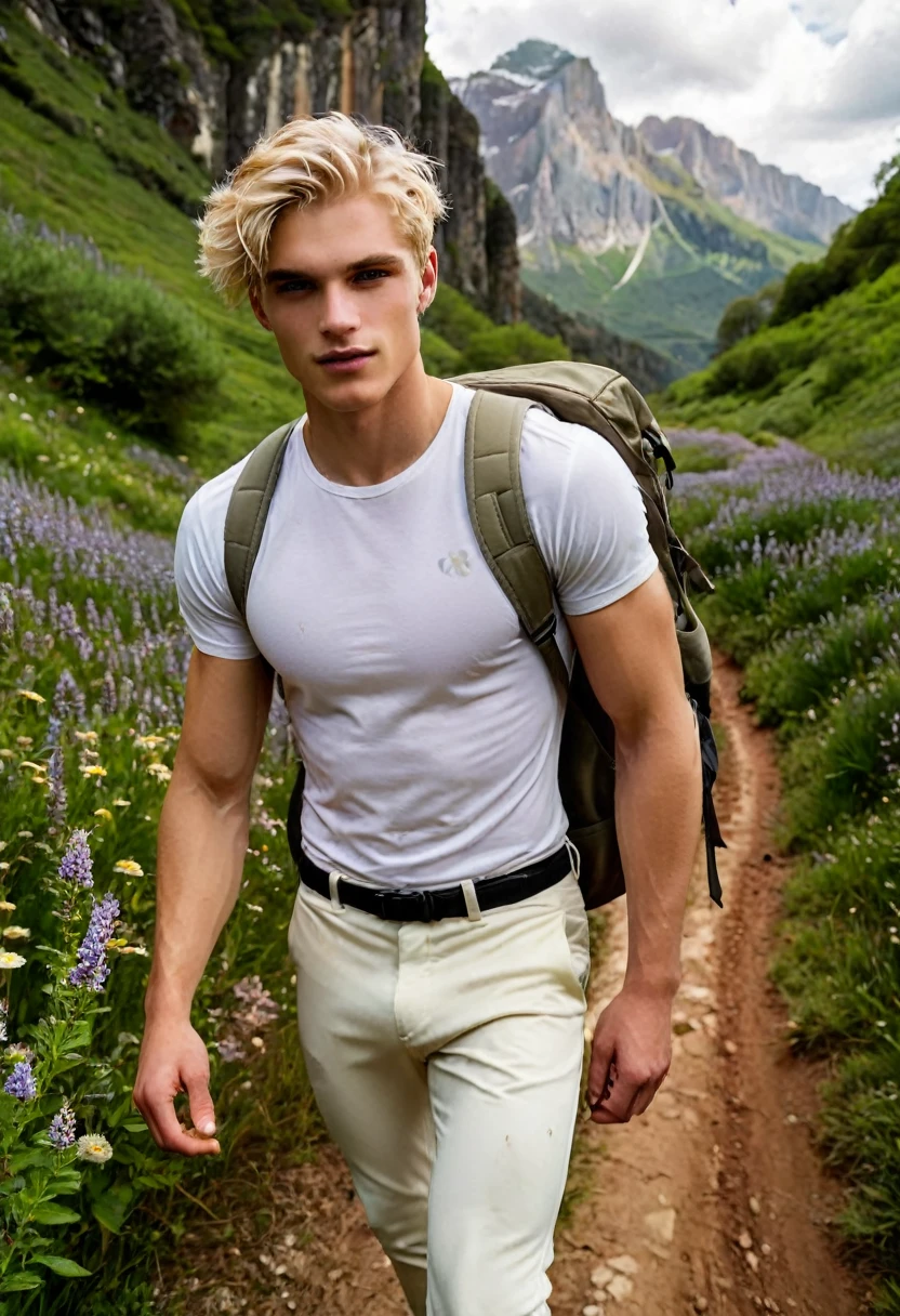 Behold a fashion editorial photo shoot featuring a photogenic and charming bleached blonde hair, 23 years old male supermodel, skinny and lean body, pretty cute and masculine young face, wearing dirty white fit legging pants and hiking backpack, (semi hard bulge), at hiking trail, outdoors, full of wildflower background, stand over the camera perspective, interesting dynamic view from below, amazing composition, HDR, volumetric lighting, ultra quality, elegant, highly detailed, masterpiece, best quality, high resolution, portrait, male focus, solo focus, The photograph is taken with a Canon EOS R camera using an 85mm f/1.8 lens at an f/2.2 aperture, utilizing natural light. Employing three-point lighting and incorporating 3D animation shadows enhances his features and adds depth to the composition. The careful layering and arrangement of his body parts and surrounding objects ensure a flawless composition. This masterpiece celebrates the beauty of the male form and invites viewers to immerse themselves in a world of sophistication and charm. The seductive lighting and intricate details, combined with a dramatic composition, invite viewers to revel in the essence of a fun-filled day, brimming with joy and relaxation. Attention is meticulously paid to the layers and arrangement of his body parts and surrounding objects, ensuring correct body structure and photo distance. The romantic atmosphere, paired with a lively and extremely gorgeous background, enhances the overall allure of this exquisite image.