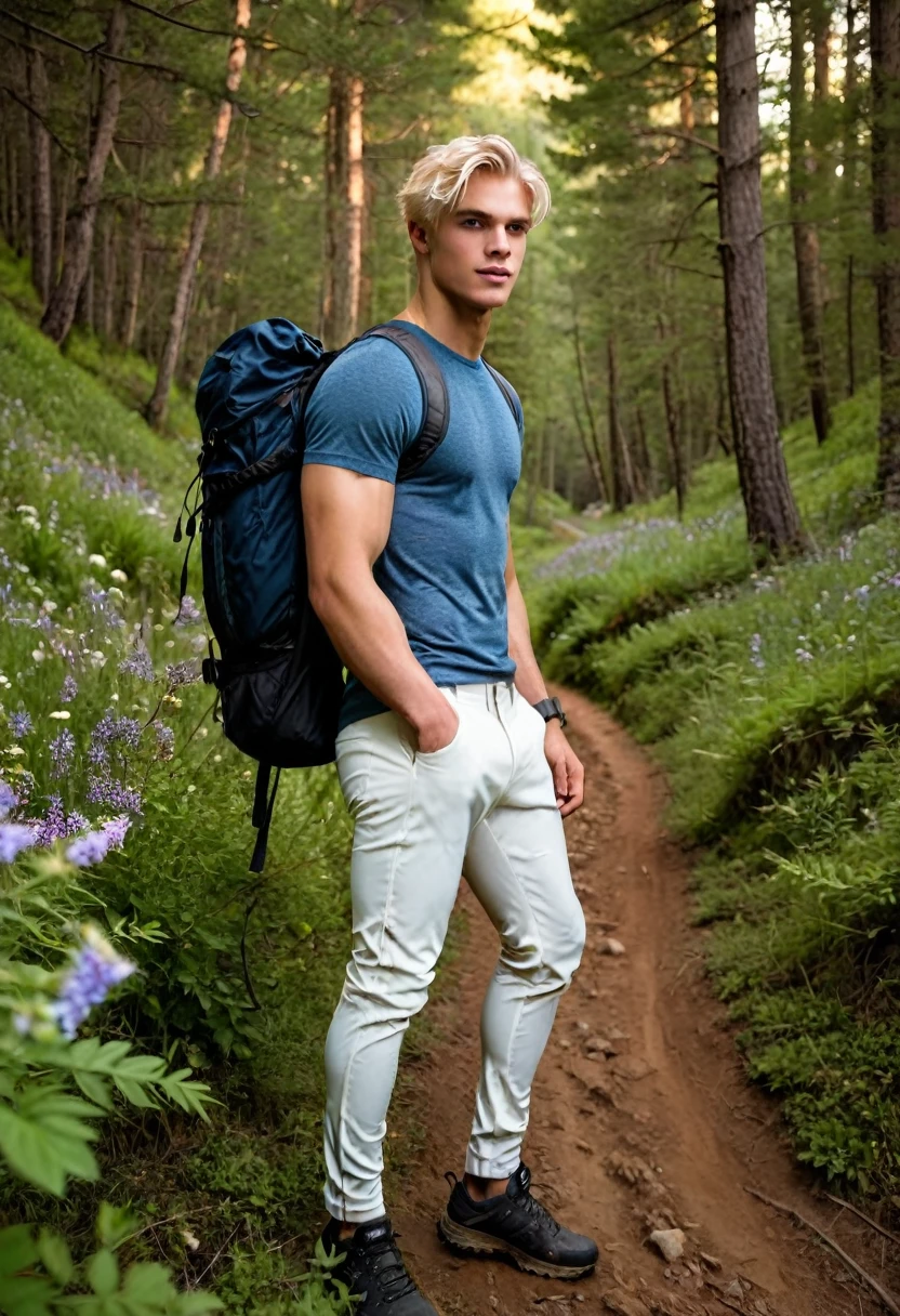 Behold a fashion editorial photo shoot featuring a photogenic and charming bleached blonde hair, 23 years old male supermodel, skinny and lean body, pretty cute and masculine young face, wearing dirty white fit legging pants and hiking backpack, (semi hard bulge), at hiking trail, outdoors, full of wildflower background, stand over the camera perspective, interesting dynamic view from below, amazing composition, HDR, volumetric lighting, ultra quality, elegant, highly detailed, masterpiece, best quality, high resolution, portrait, male focus, solo focus, The photograph is taken with a Canon EOS R camera using an 85mm f/1.8 lens at an f/2.2 aperture, utilizing natural light. Employing three-point lighting and incorporating 3D animation shadows enhances his features and adds depth to the composition. The careful layering and arrangement of his body parts and surrounding objects ensure a flawless composition. This masterpiece celebrates the beauty of the male form and invites viewers to immerse themselves in a world of sophistication and charm. The seductive lighting and intricate details, combined with a dramatic composition, invite viewers to revel in the essence of a fun-filled day, brimming with joy and relaxation. Attention is meticulously paid to the layers and arrangement of his body parts and surrounding objects, ensuring correct body structure and photo distance. The romantic atmosphere, paired with a lively and extremely gorgeous background, enhances the overall allure of this exquisite image.