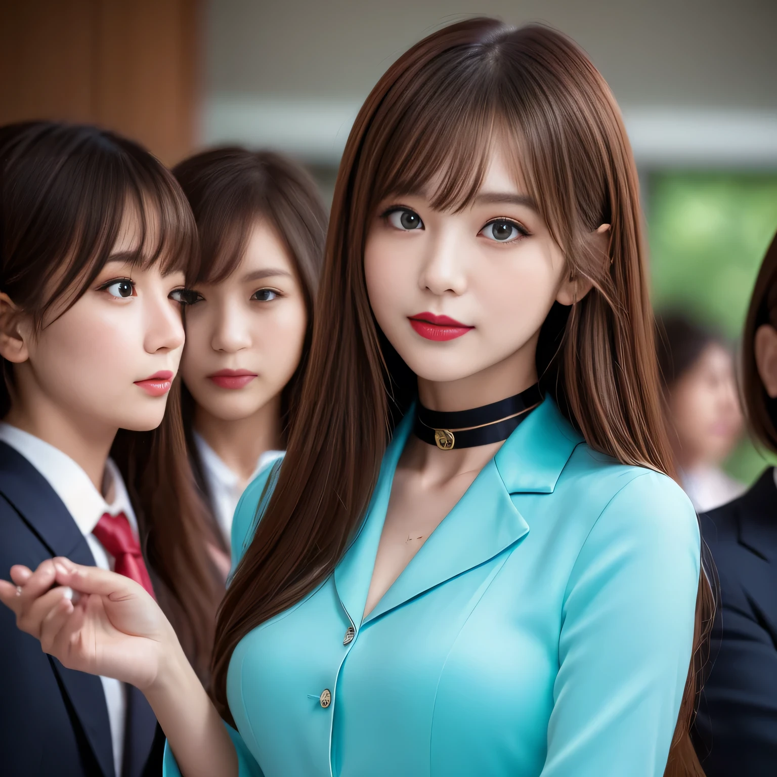 ((Highest quality, 8K, Representative works in detail, Ultra-high resolution)), (Looking at the audience), ((Female employees talking at Glass Square)), Attractive woman, ((Big Breasts)), smile, ((Black Choker)), Slim figure, (blue eyes), Long eyelashes, bangs, Beautiful shiny brown hair, Nogizaka idol, Slim face、((business suit))、Dependents、Female Employees、Glass Square、blue sky、((In a meeting))、Bright red lipstick、Elegant woman、Silk Shirt