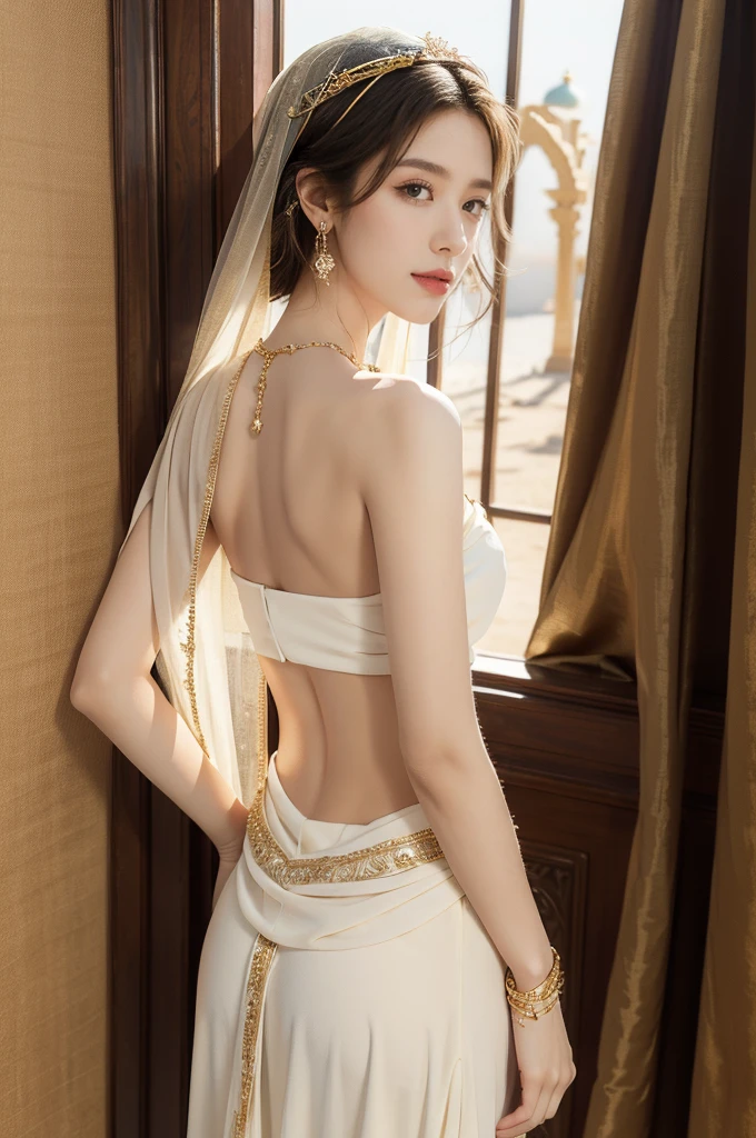 (((best quality))),(((ultra detailed))),(((masterpiece))),illustration,1girl, solo,princess, Arabic,slim,thin, ((palace, desert)), gold, gemstones,headscarf, veil on face,white sheer traditional clothing, hairband, deep eyes, elegant face, subtle smile,earrings,necklace, sunlight, shining, serene, environment,day scene,out door,standing,((upper body,from back)),((bare back,towering hips,butt crack))