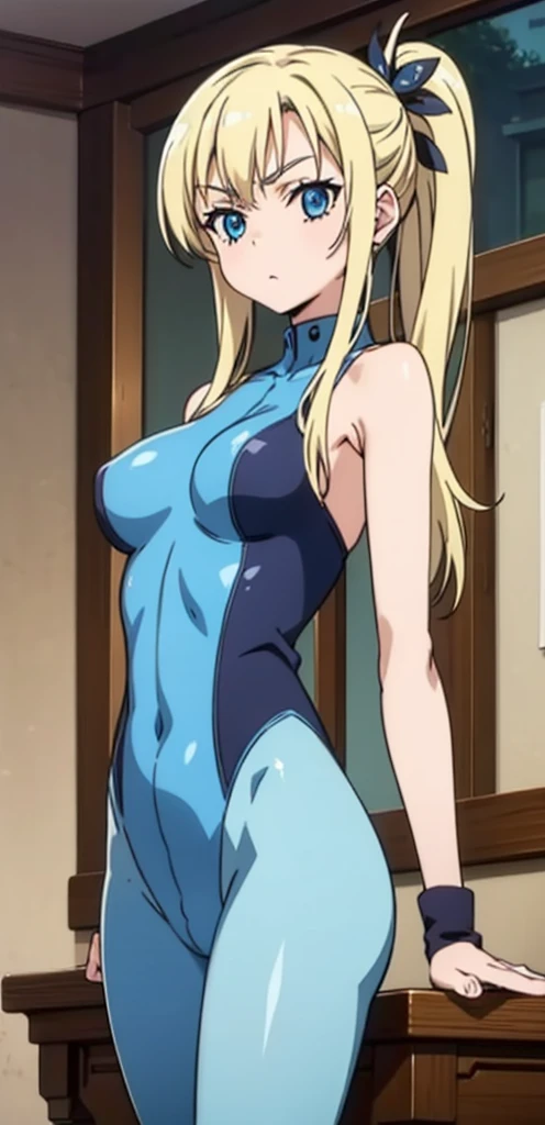 Seina Kashiwazaki, 1girl in, a blond, ponytail, hair ornament, (medium breast), bodysuit, (cowboy_shot), indoors, sleeveless.