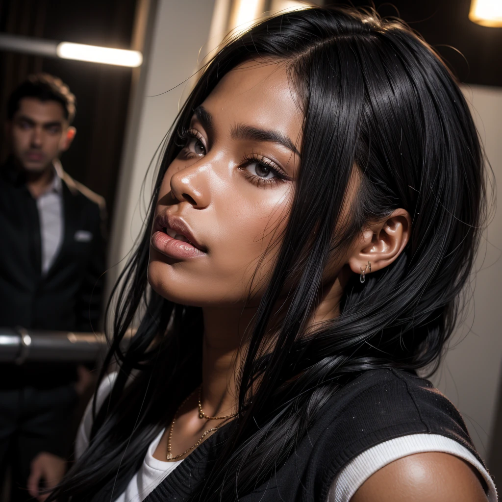Black hair, dark skin, side locks, lip piercing,
White skin