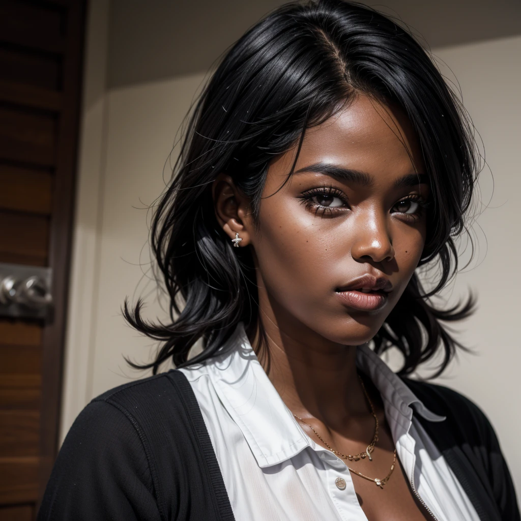 Black hair, dark skin, side locks, lip piercing,
White skin