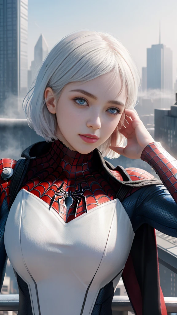 (masterpiece), ((best quality)), parted lips, light_smile, cinematic lighting, ultra-realistic, ((realistic)), (gwen_stacy), blonde_hair, short_hair, solo, sidecut, asymmetrical_hair, parted_lips, eyebrow_piercing, (detailed face), beautiful 1girl, 1girl, looking at viewer, (beautiful detailed eyes), bodysuit, spider-suit, white hoodie, hood_down, portrait, upper_body, (side of head shaved), (small breasts)