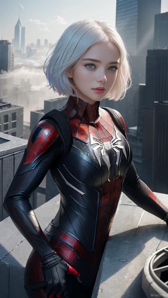 (1girl:1.3), Solo, (((Very detailed face)))), ((Very detailed eyes and face)))), Beautiful detail eyes, Body parts__, Official art, Unified 8k wallpaper, Super detailed, beautiful and beautiful, beautiful, masterpiece, best quality, original, masterpiece, super fine photo, best quality, super high resolution, realistic realism, sunlight, full body portrait, amazing beauty, dynamic pose, delicate face, vibrant eyes, (from the front), She wears Spider-Man suit, red and black color scheme, spider, very detailed city roof background, rooftop, overlooking the city, detailed face, detailed complex busy background, messy, gorgeous, milky white, highly detailed skin, realistic skin details, visible pores, clear focus, volumetric fog, 8k uhd, DSLR, high quality, film grain, fair skin, photo realism, lomography, futuristic dystopian megalopolis, translucent, eyes looking at the camera, big tits , short hair,white hair , ,