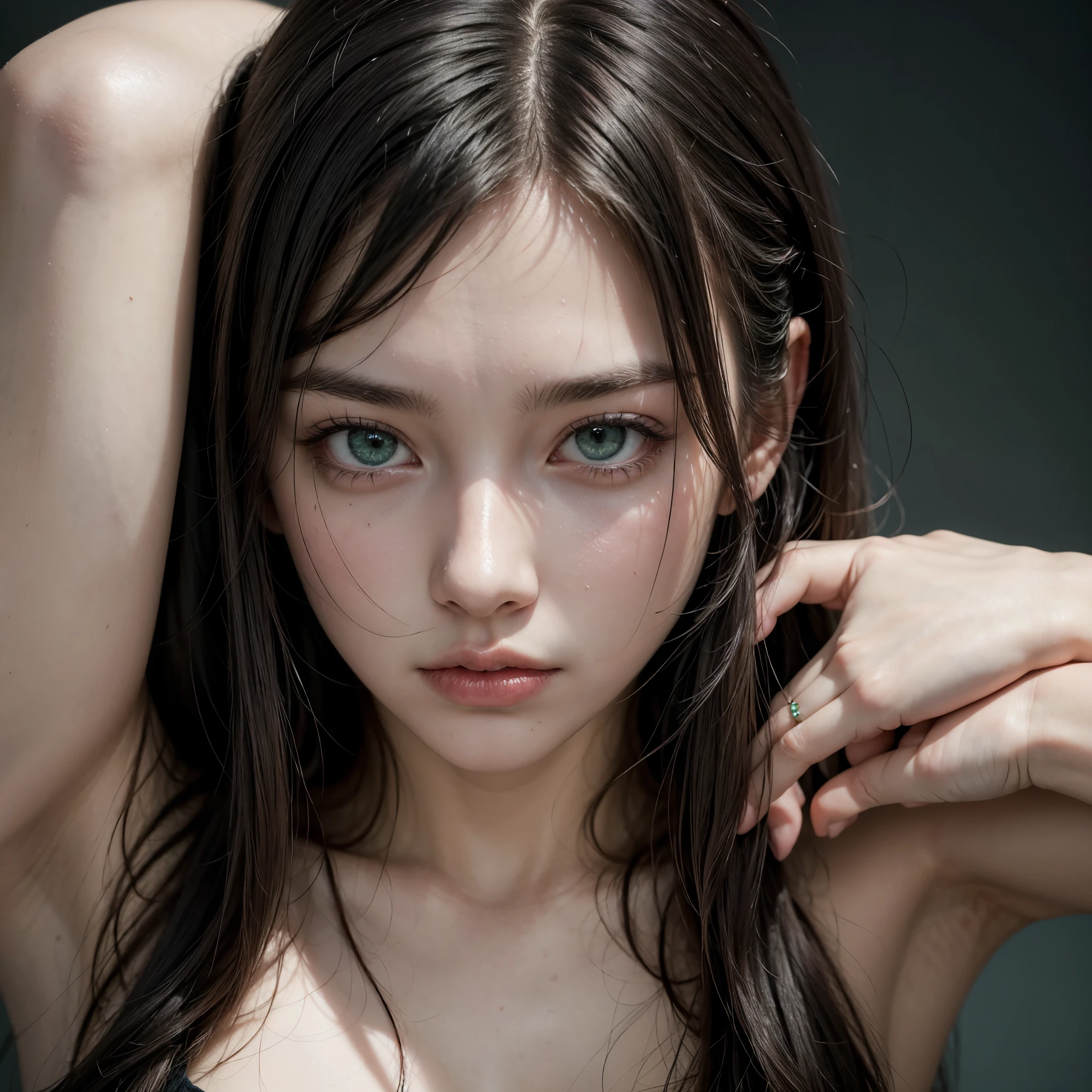Girl with dark hair, pale skin, dark green eyes and feminine traces but intimidating look.