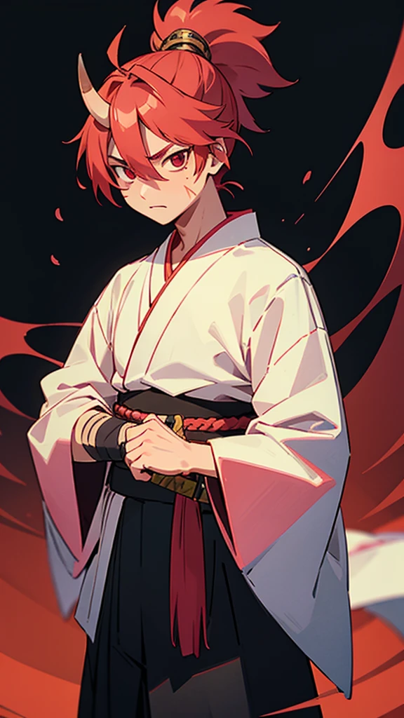 An oni hunter, pink and red hair, he has black eyes, he has a scar on his left eye, he owns a katana and has a white kimono