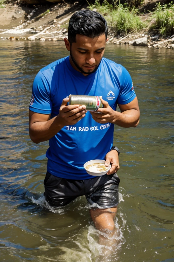 Natanael cano eating a can of tuna in the river