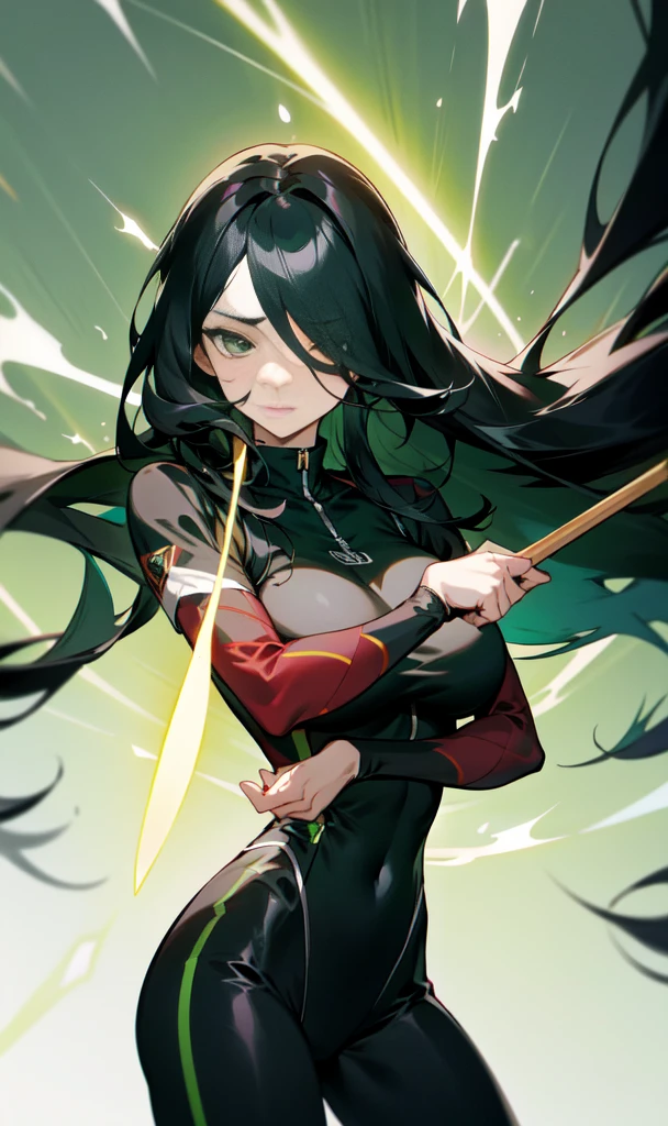 Milf with long black hair with one covering her eye wearing a black training outfit along with large pairs of breasts while having a calm expression on her face holding a spear with light green eyes,anime styling