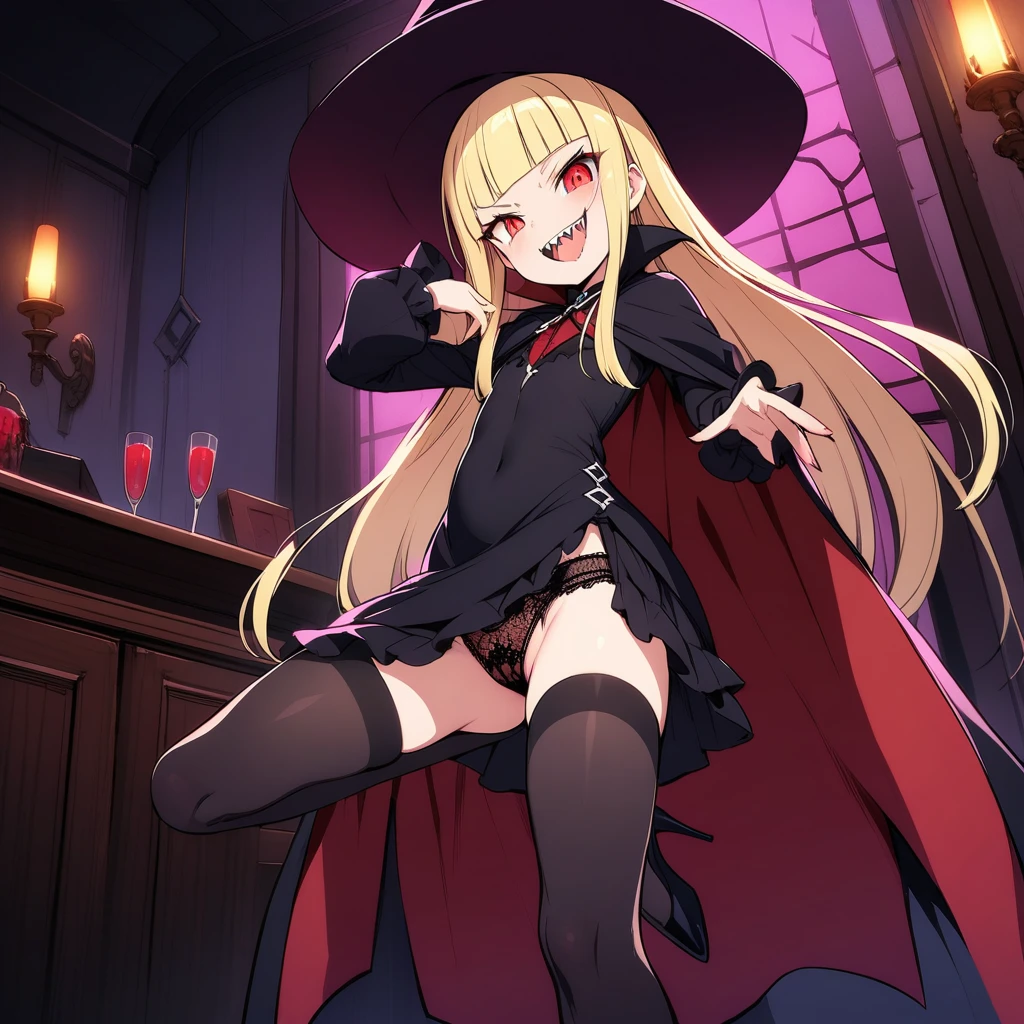 (masterpiece),(best quality),very aesthetic,(ultra-detailed),(illustration),(degenerate),nsfw,1girl,,female ,(vampire),(witch),europian,emaciated,red alluring eyes,tsurime,(blonde hair,very long hair,blunt bangs,straight hair),flat chest,sharp teeth,one eye glaring,condescending look,open mouth,smirk,An elegant gothic lolita black dress,toxic bloody colored lace panties,black thighhighs,pointy hat,high heels,(vampirecape,cape,cloak),happy,inroom,standing,standing on one leg,Stomping POV male on one foot,head tilt,Lascivious atmosphere,fantasic atmosphere,Dimly lit room like a dungeon,Old furnishings,cowboy shot,holding a strawberry juice glass,dark fantasy,from below,pantyshot
