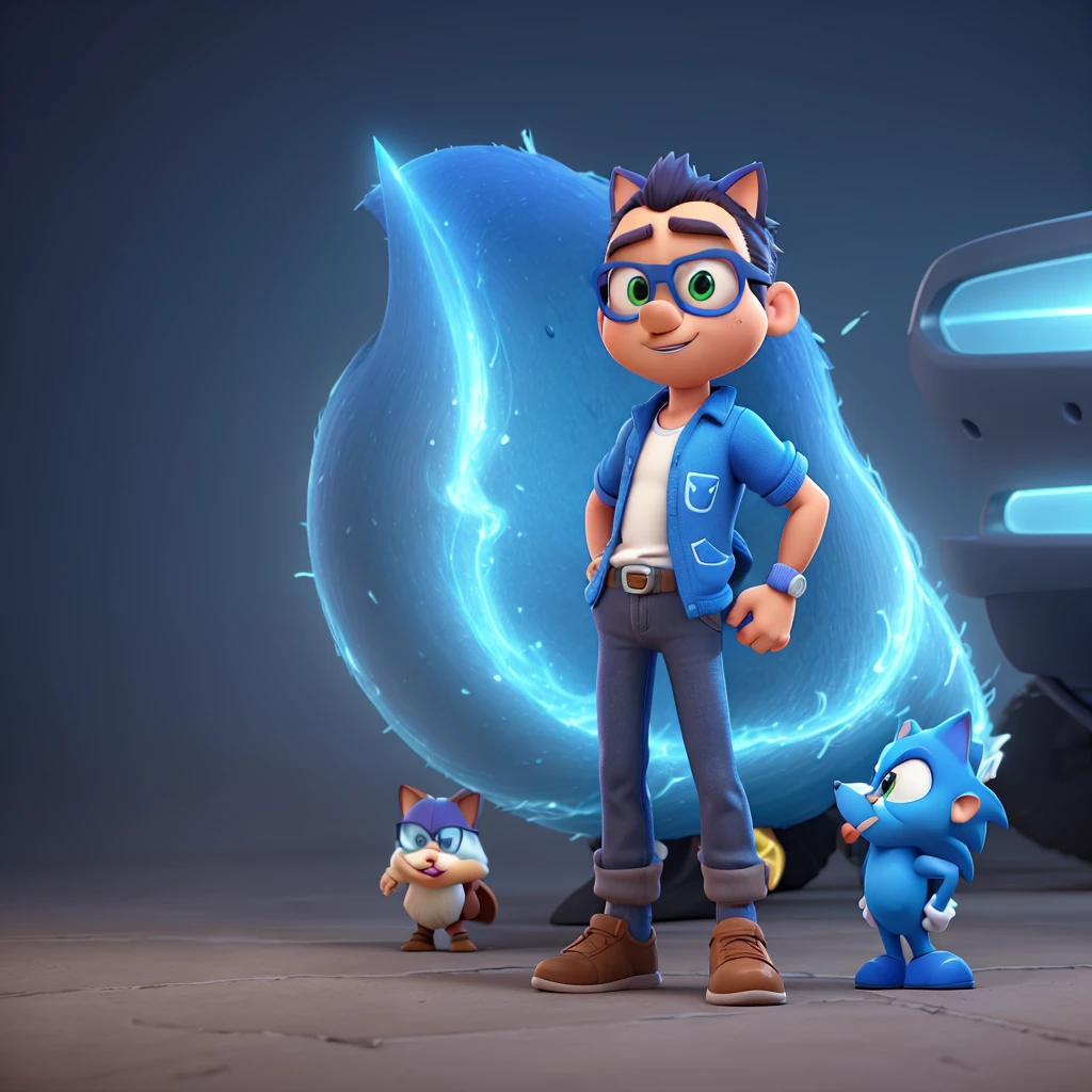 Cartoon character of a Sonic hedgehog in sunglasses and blue shirt, animation character, stylized character, animation style rendering, 3d stylized, Stylized 3D rendering, toon render screenshot, 3d character, 3d character, Stylized 3D rendering, 3D character rendering, cartoon character, Personagem de close up, character posing, (Pixar-style) (master part:1.2) (bokeh) (best qualityer) (skin detailed) (detailed texture) (8K) (Argilla) (cinematic lighting) (sharp focus