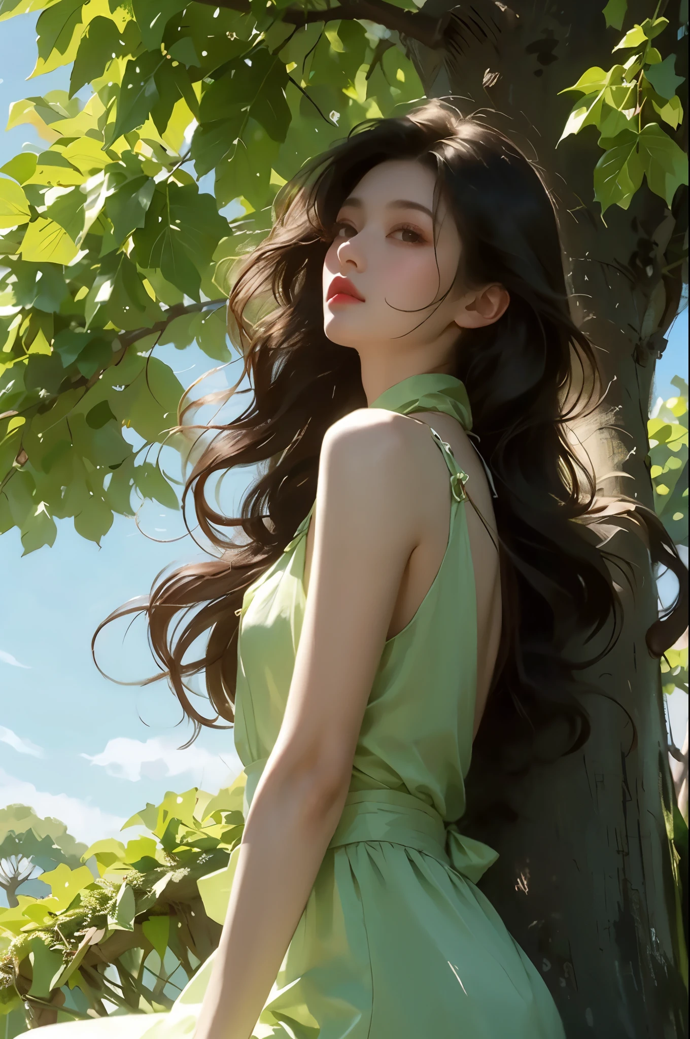 A girl with long black curly hair sits under a big tree,With your back against the trunk,Looking into the distance,In the flowers