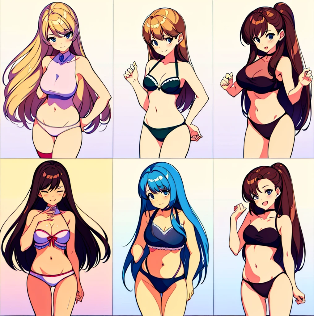 four pictures with different expressions in the same drawing style each shows one woman and two other girls, a few cartoon images of the same female character that i'm not sure what this is, a young girl touching her stomach and her breasts, a collection of sketches of several women, two pages show a woman in underwear next to another girl wearing a thongy panties