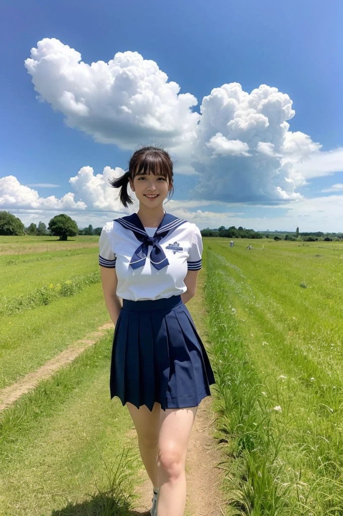 girl standing in rural field on far side,cumulonimbus cloud in summer blue sky,train,sailor shirt and navy blue pleated skirt,18-year-old,bangs,a little smile,thighs,knees,wet short hair with low pigtails bunches,from beside,front light