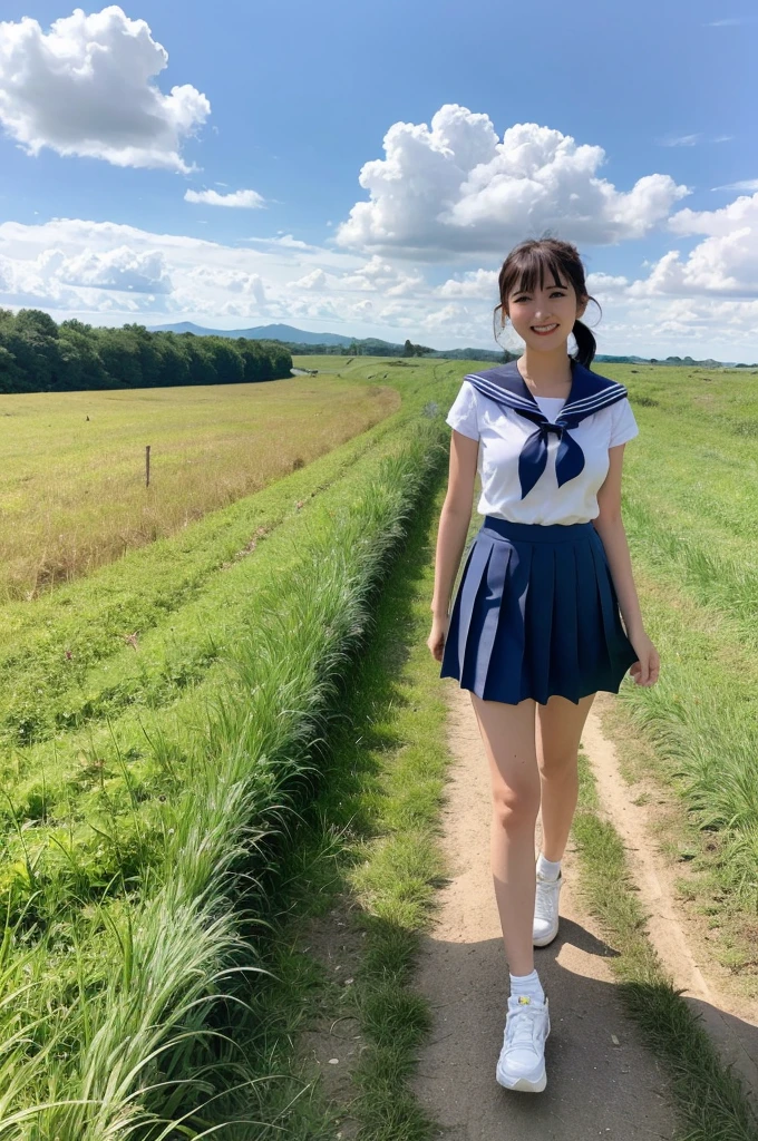 girl walking in rural field on far side,train on far side,cumulonimbus cloud in summer blue sky,sailor shirt and navy blue pleated skirt,18-year-old,bangs,a little smile,thighs,knees,wet short hair with low pigtails bunches,from beside,front light