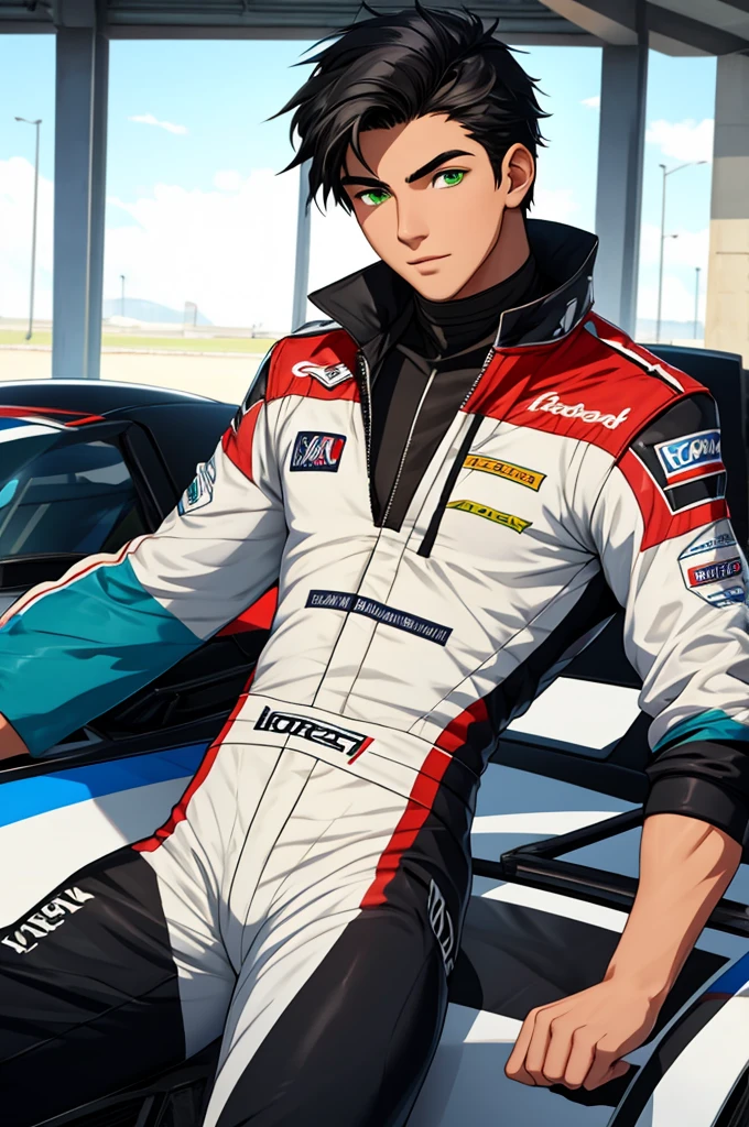 a handsome and sensual young male, 18 years old, athletic body, black hair, green eyes, wearing a racing driver's outfit, with the top part of the suit open showing his chest.