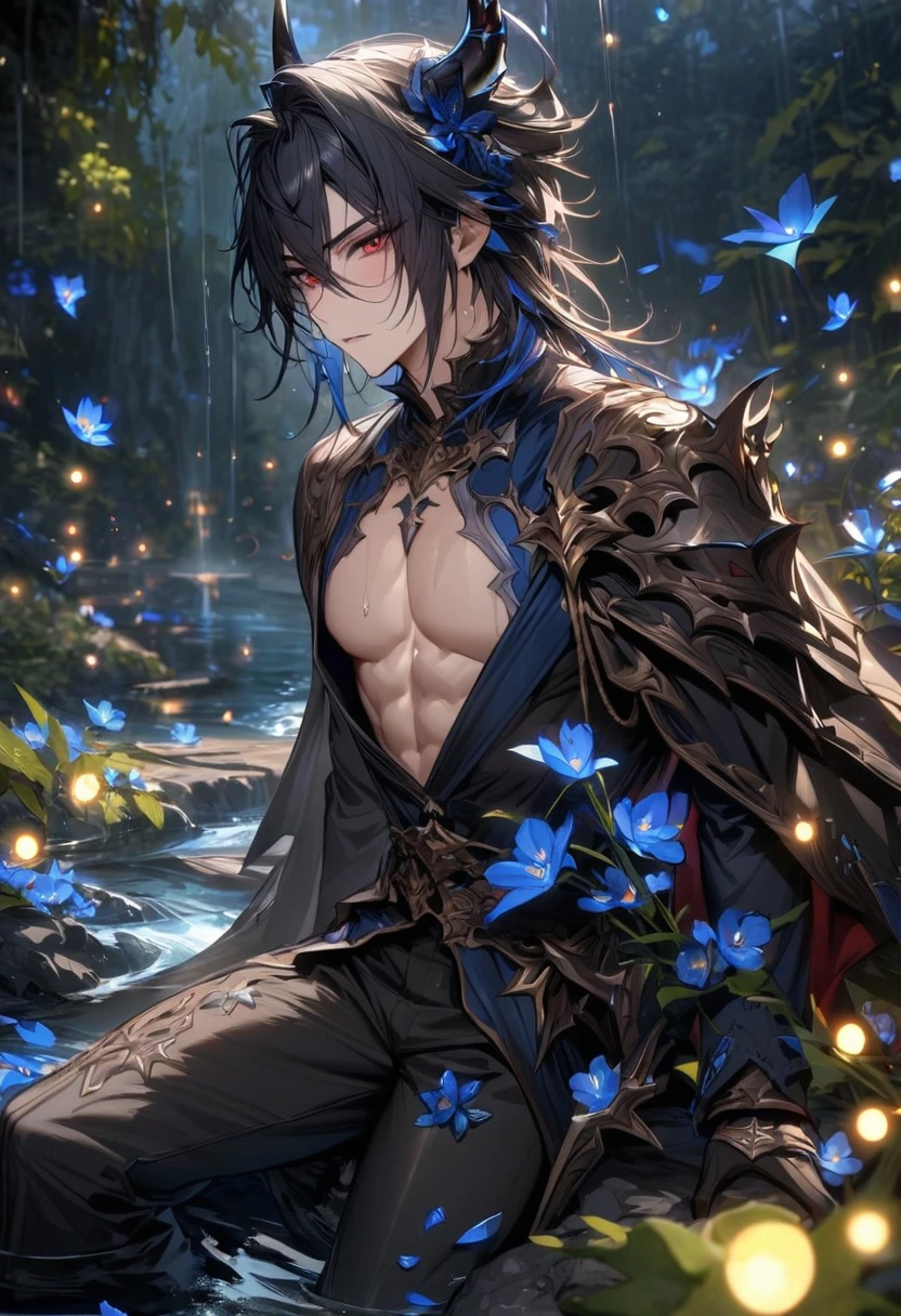 Ultra detailed, highres, absurdres, HDR, master piece, Krozseria, messy black hair, expressive red eyes, Demon Fantasy, blue petals, blue flowers, water, black cape, sexy man, solo, best quality, blossoms, blue shining fireflies, toned chest, black horns, the word "Krozseria" is written on his shirt, fantasy, black horns, black gloves, sitting, black pants