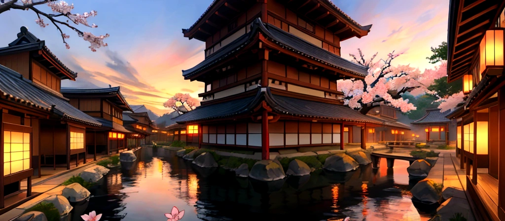 masterpiece, sunset, ancient japan city, sakura flower in front