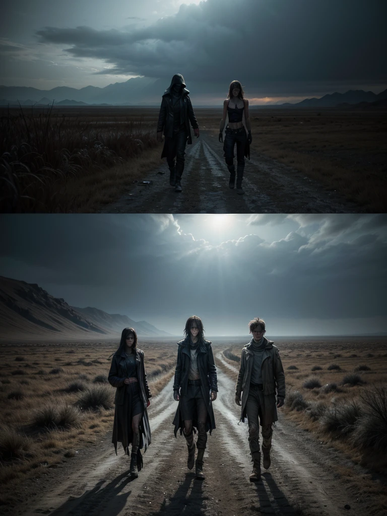 Create a digital matte illustration of a desolate and eerie landscape, where several figures wander through an abandoned valley under a gloomy, cloudy sky. Describe the atmosphere as that of a dark, apocalyptic fantasy, with colors and tones that reflect an environment of despair and mystery. Include elements such as old and decaying structures, half swallowed by the gloomy, twisted vegetation.
Detail humanoid figures, dressed in torn clothes and enigmatic expressions, walking in different directions, each seeming to carry a story of tragedy and desolation. Use textures and lighting to create a contrast between light and shadow, highlighting highlight areas and deep shadows that emphasize the dark tone of the scene.