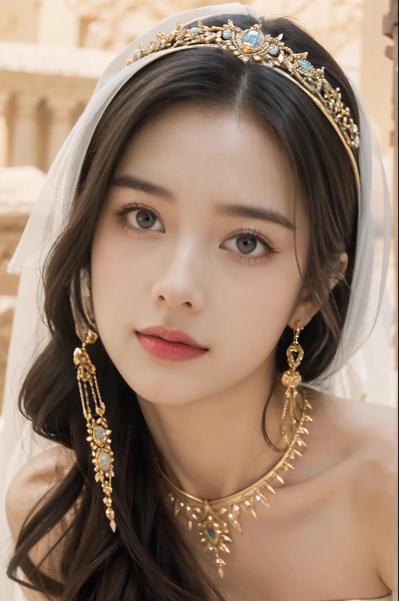 (((best quality))),(((ultra detailed))),(((masterpiece))),illustration,1girl, solo,princess, Arabic,slim,thin,flat chest,small breasts, ((palace, desert)), gold, gemstones,headscarf, veil on face,strapless white sheer traditional bra, hairband, deep eyes, elegant face, subtle smile,earrings,necklace, sunlight, shining, serene, environment,day scene,outdoor,((close-up of face,from front))
