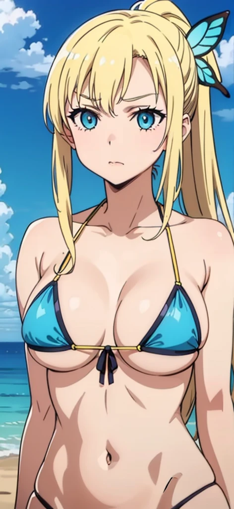 Seina Kashiwazaki, 1girl in, a blond, ponytail, butterfly hair ornament, (medium breast), Light blue micro bikini, (upper body:1.5), sand beach