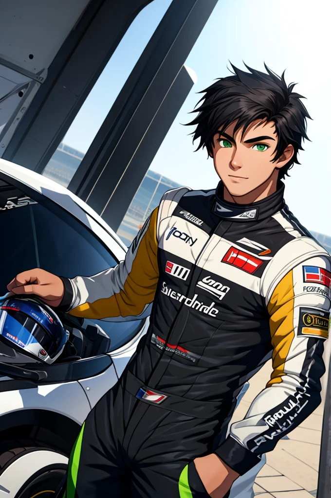 a handsome and sensual young male, 18 years old, athletic body, black hair, green eyes, wearing a racing driver's outfit, with the top part of the suit open showing his chest.