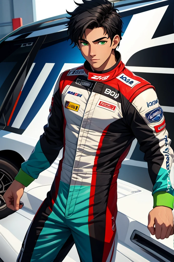 a handsome and sensual young male, 18 years old, athletic body, black hair, green eyes, wearing a racing driver's outfit, with the top part of the suit open showing his chest.