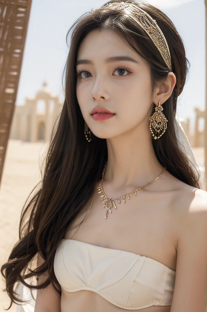 (((best quality))),(((ultra detailed))),(((masterpiece))),illustration,1girl, solo,princess, Arabic,slim,thin,flat chest,small breasts, ((palace, desert)), gold, gemstones,headscarf, veil on face,strapless white sheer traditional bra, hairband, deep eyes, elegant face, subtle smile,earrings,necklace, sunlight, shining, serene, environment,day scene,outdoor,((close-up of face,from front))
