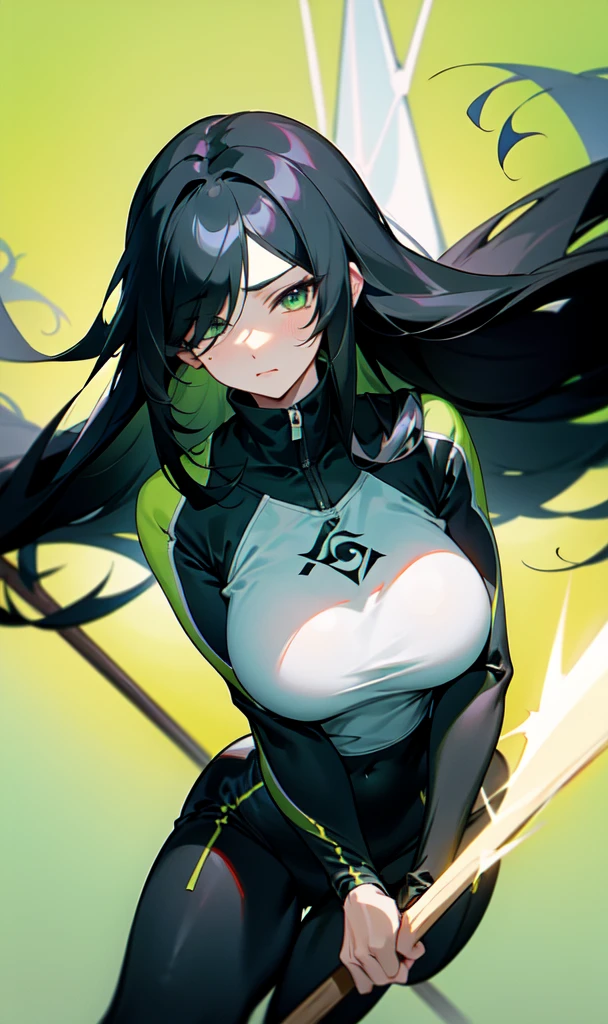 Milf with long black hair with one covering her eye wearing a black training outfit along with large pairs of breasts while having a calm expression on her face holding a spear with light green eyes,anime styling