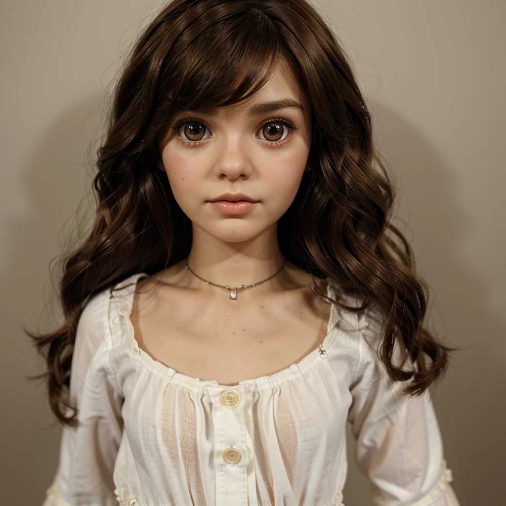 Blythe doll with short wavy brown hair, frickles and brown eyes