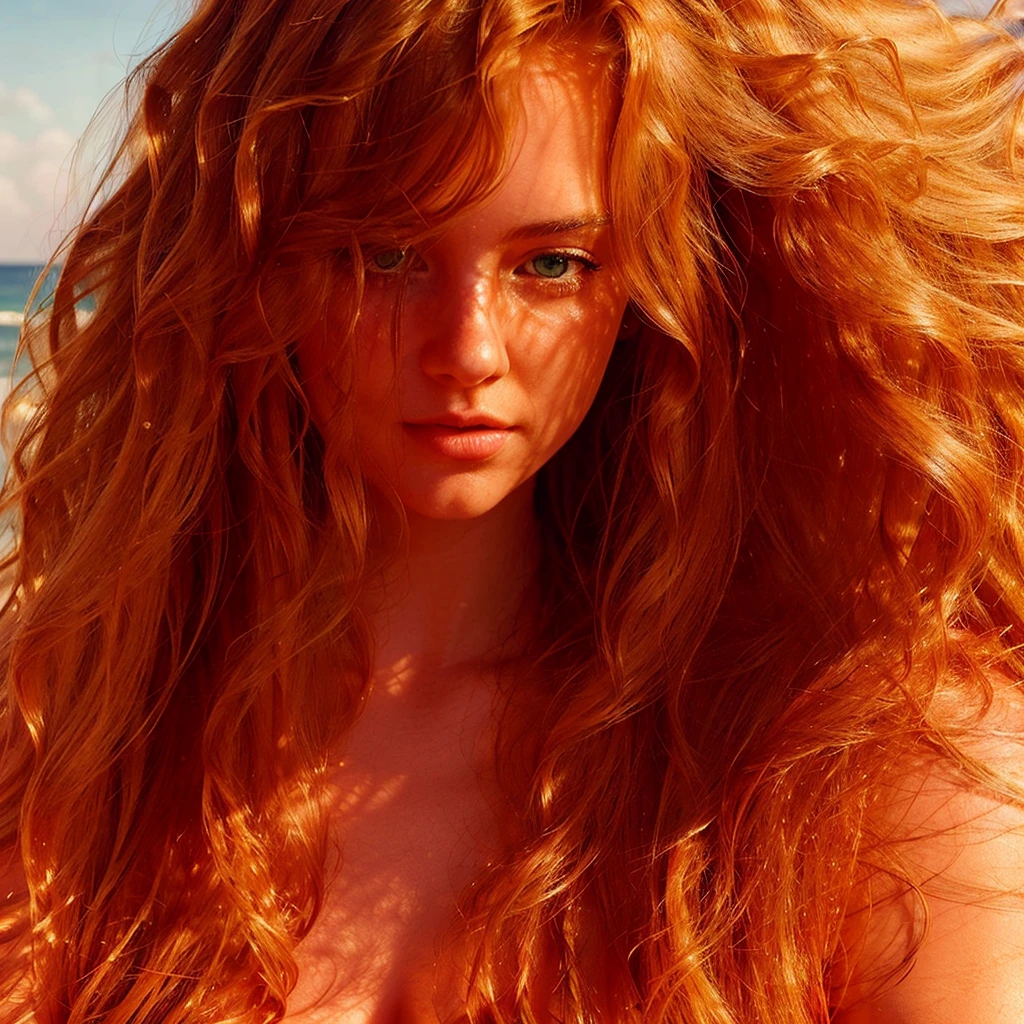 there is a woman in a red bikini posing on the beach, with curly red hair, wavy big red hair, red waist-long hair, long ginger hair windy, with long red hair, red haired goddess, redhead woman, long red hair, long curl red hair, red long wavy hair, beautiful redhead woman, with long wavy red hair, red long hair