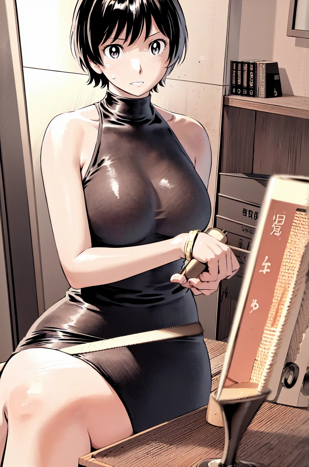 、(masterpiece、Highest quality)、Highest quality, Ultra-high resolution, (((masterpiece))), alone, Sweat、Big eyes,office、Tight white dress shirt、Tight black suit、Tight black pants、indoor、Composition from the front、（Cut the back hair short、short hair、blonde、woman）、Shortcuts、Embarrassed face、Cut your hair short、可愛いwomanの子、Big Breasts、Sit on a chair、Face to face、Composition from the front、View your viewers