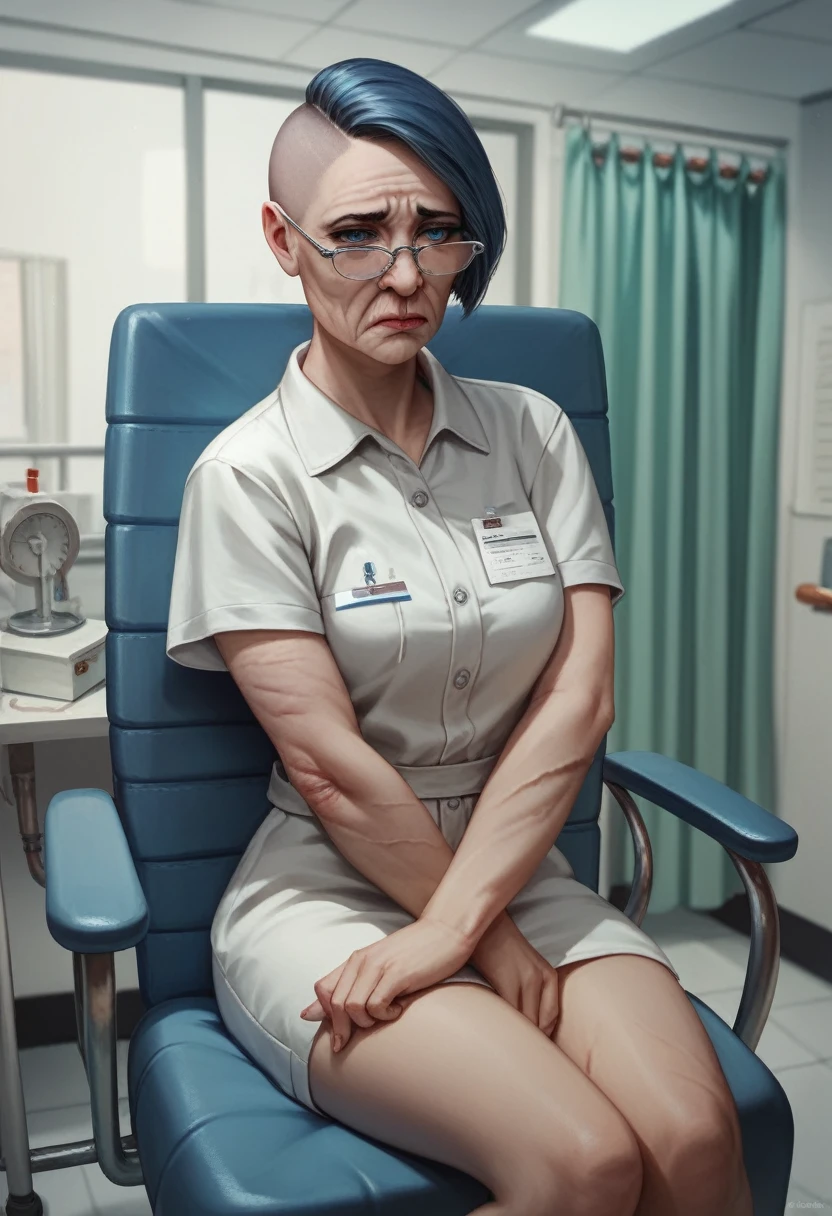 Illustration, detailed illustration, ultra-detailed, 68 year old woman, gray buzz cut, blue eyes, glasses, wrinkles, sitting in chair, hospital, iv in arm, sad, sick