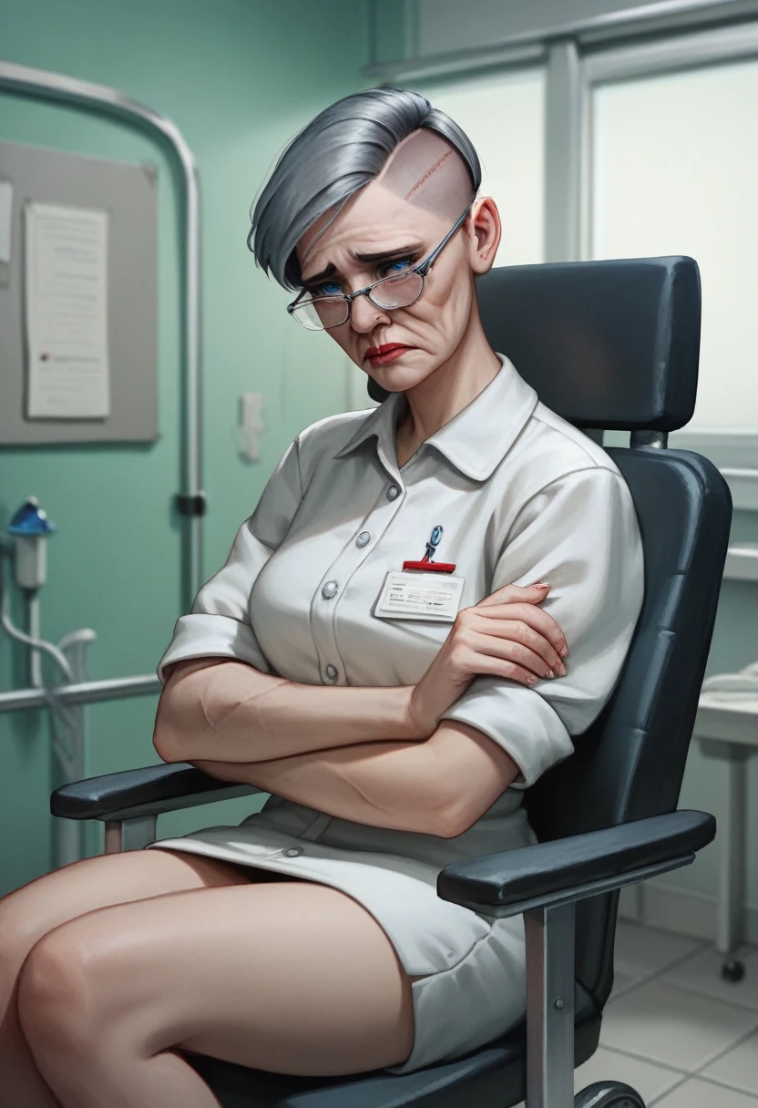 Illustration, detailed illustration, ultra-detailed, 68 year old woman, gray buzz cut, blue eyes, glasses, wrinkles, sitting in chair, hospital, iv in arm, sad, sick 