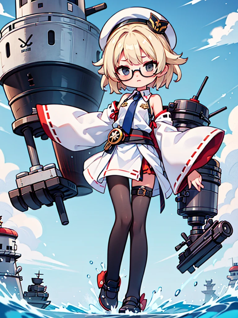 ((((Full body of a woman with perfect flat chest、solo、Short unkempt black hair、Tie your messy hair at the nape of your neck、white military jacket、Miko costume、tights、Black glasses、White military cap、Cloudy black eyes、Confused eyes、Junyo hair accessories)))), (((masterpiece))), (((Shipgirl))), ((Floating on the morning sea with both feet)), (Spread your legs wide open), (Hold the turret with your right hand), (Mechanical arms extending from the waist are used to equip the ship with battleship equipment.), (Equipped with a turret on the back), (Holds a triple turret on the left arm), Shotgun shells are attached to the thigh with a belt, Spreading the Machine's Wings, Machine tail, Holding a shotgun, , Nippl inside m