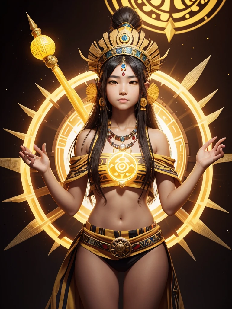 1 teenage girl. Beautiful teenage girl. 14 years old. Beautiful tribe girl. White skin. Powerful shaman. Indonesian Hogwarts. Shaman student. shaman tribe hat. Black hair. Yellow sexy transparent shaman suit no pants. No bra. No underwear. Yellow shaman cloak. Flat chest. Holding the yellow orbz. Yellow topaz large necklace. Yellow shaman room. Beautiful teen face. Standing pose. Shaman statue. Yellow temple. Shamanic logo on the wall. Smile.